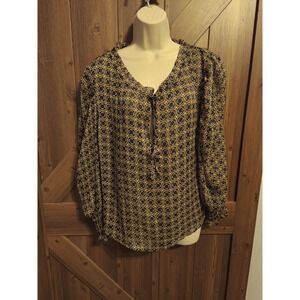 NWT Misa Los Angeles Blouse Shirt Sheer Long Sleeve Top‎ Tie Neck Black Tan M